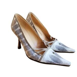 Authentic Chanel Snakeskin Gray & White Pointed Toe Kitten Heels - Size 36
